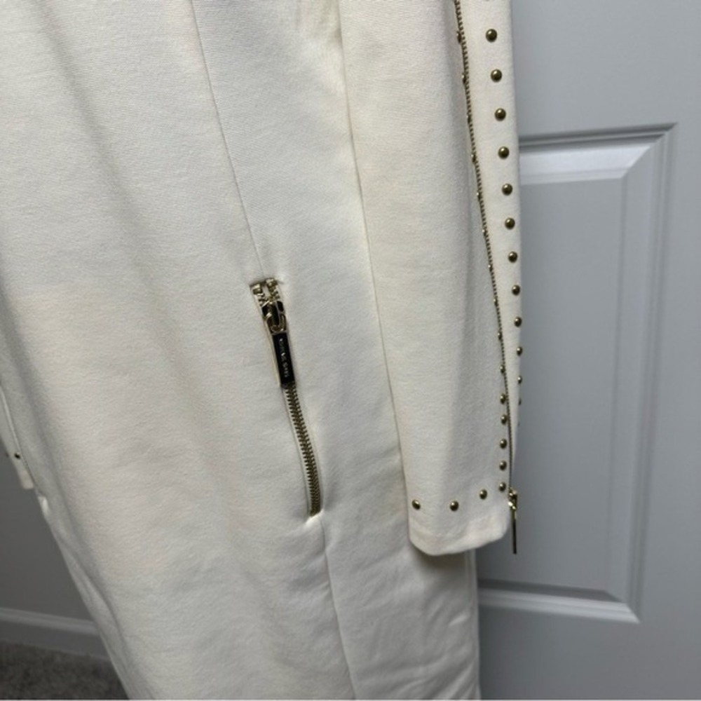 Michael Kors Off White Studded Long Sleeve Zipper Sheath Dress Gold Hardware - Picture 3 of 14